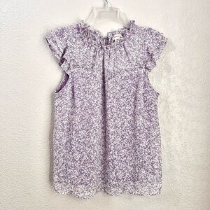 NWOT Monteau Violet Purple White Floral Flutter Short Sleeves Casual Blouse Tops